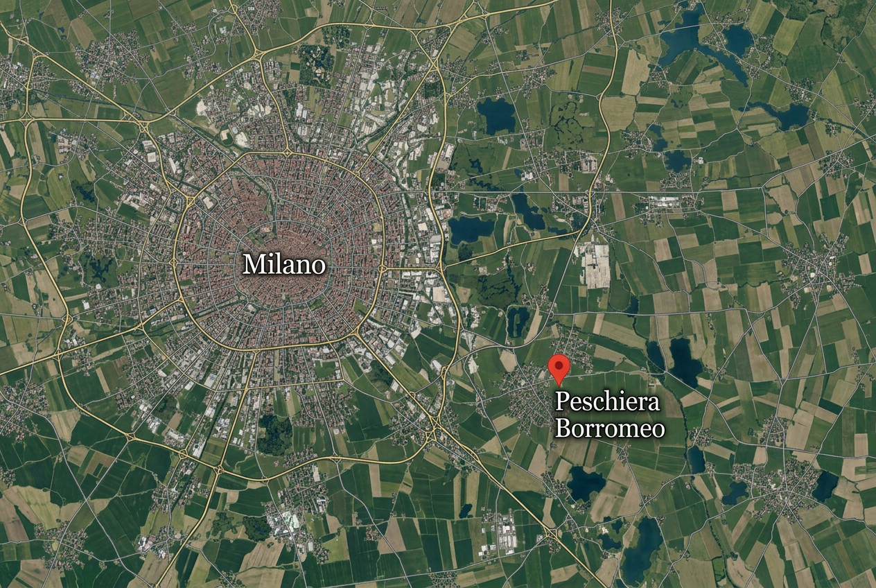 Mappa illustrativa in stile satellitare di Milano e Peschiera Borromeo, indicata da una puntina rossa